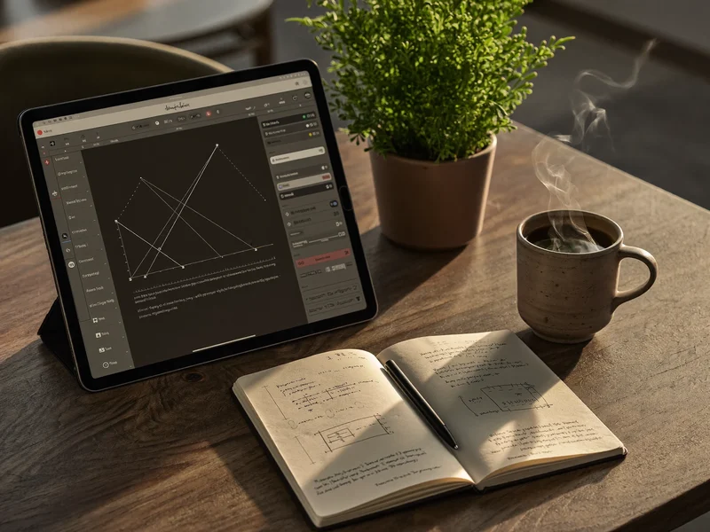Illustration af undervisningsskrivebord med tegnetablet, notesbog og en kop kaffe